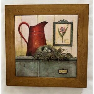 French Cottage Au Jardin Trivet Ceramic  Wood Bird Nest Eggs Cottagecore Kitchen